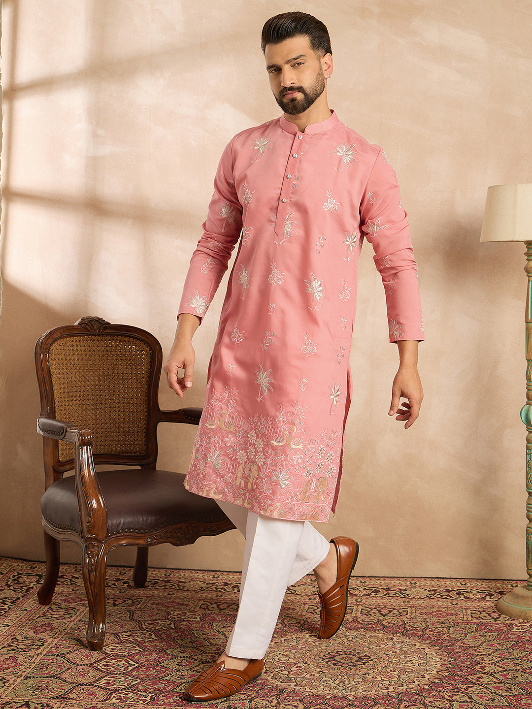 Men Pink Cotton Solid Embroidered Straight Kurta-MKU1677