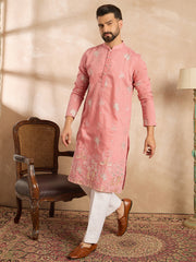 Men Pink Cotton Solid Embroidered Straight Kurta-MKU1677
