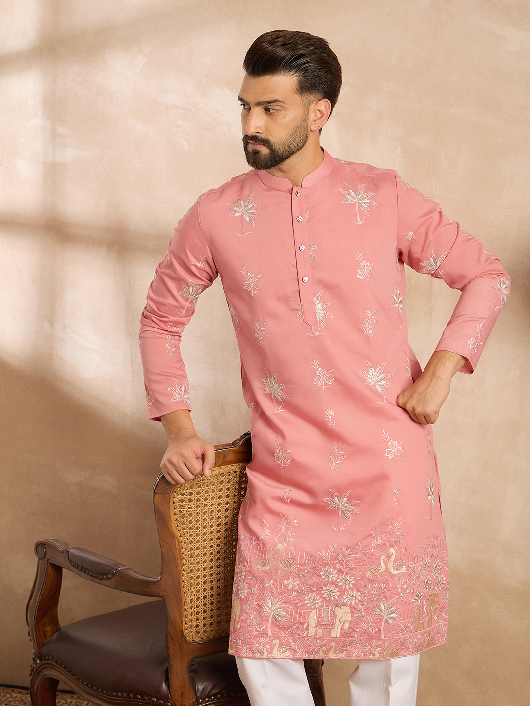 Men Pink Cotton Solid Embroidered Straight Kurta-MKU1677