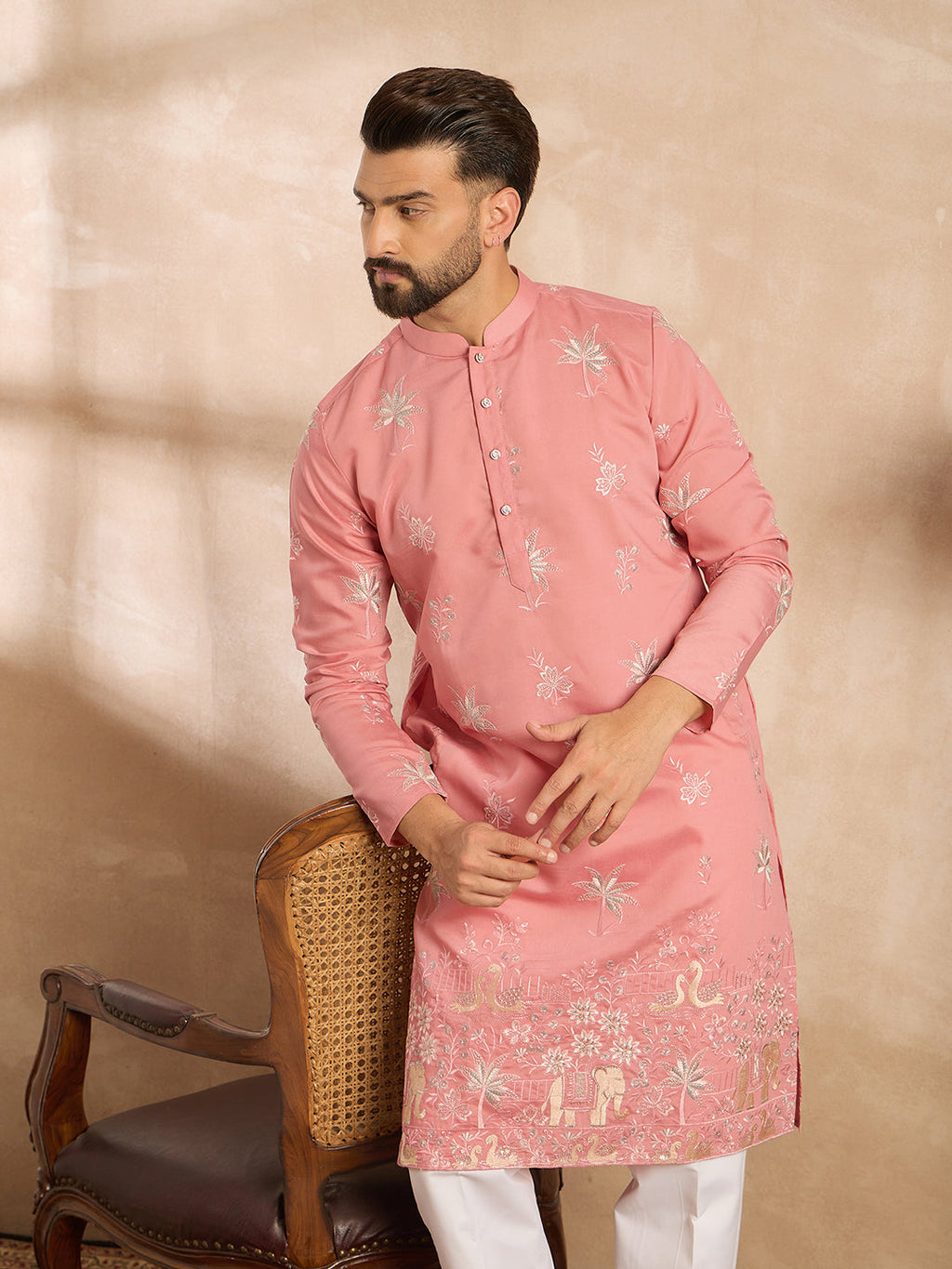 Men Pink Cotton Solid Embroidered Straight Kurta-MKU1677