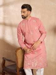 Men Pink Cotton Solid Embroidered Straight Kurta-MKU1677