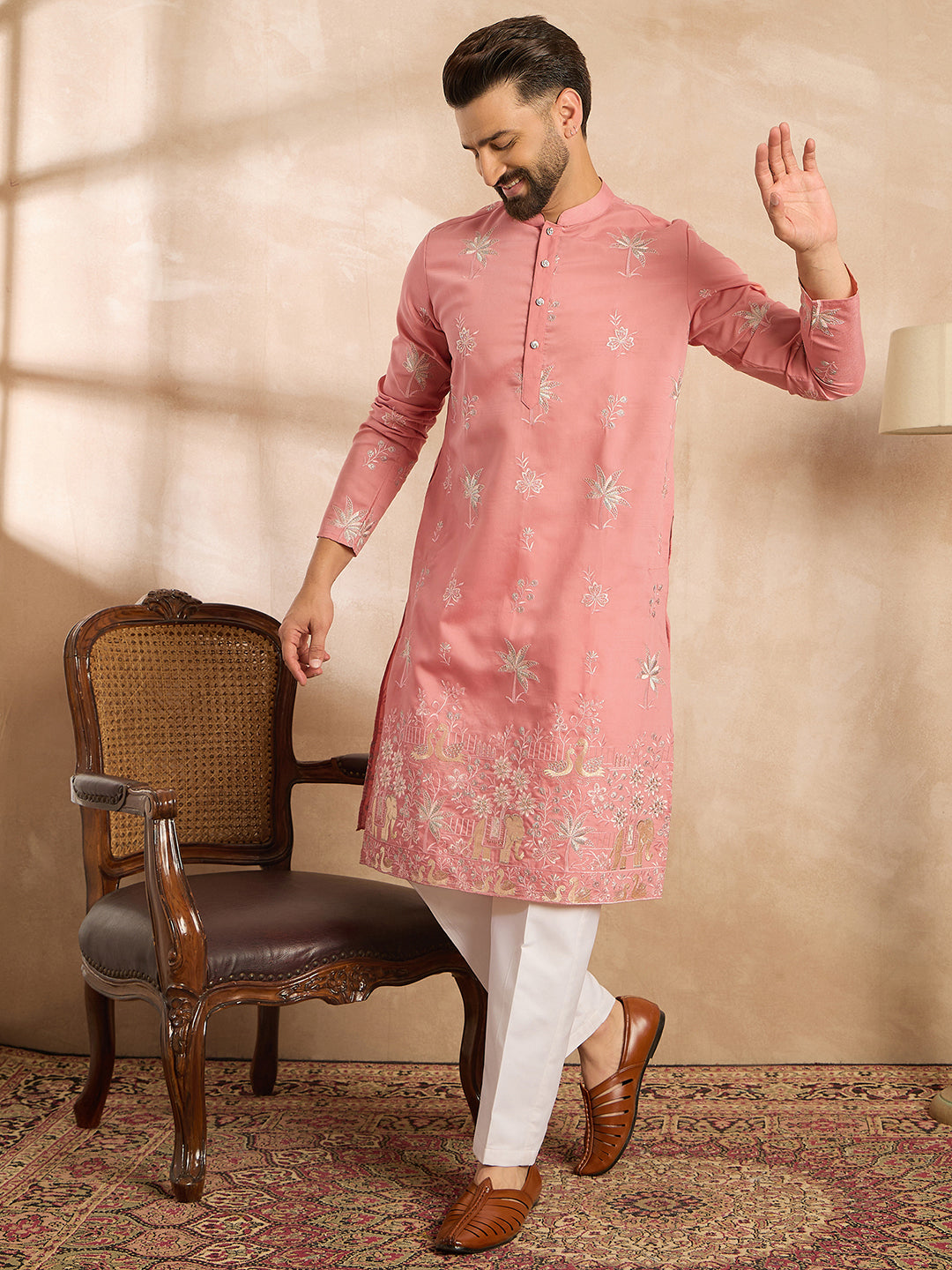 Men Pink Cotton Solid Embroidered Straight Kurta-MKU1677