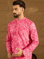 Men Pink Cotton Batik Embroidered Straight Kurta-MKU1678