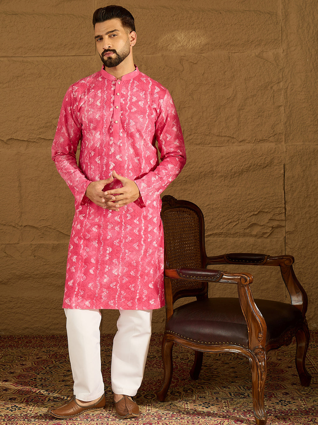 Men Pink Cotton Batik Embroidered Straight Kurta-MKU1678