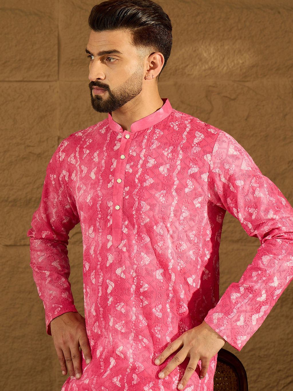 Men Pink Cotton Batik Embroidered Straight Kurta-MKU1678