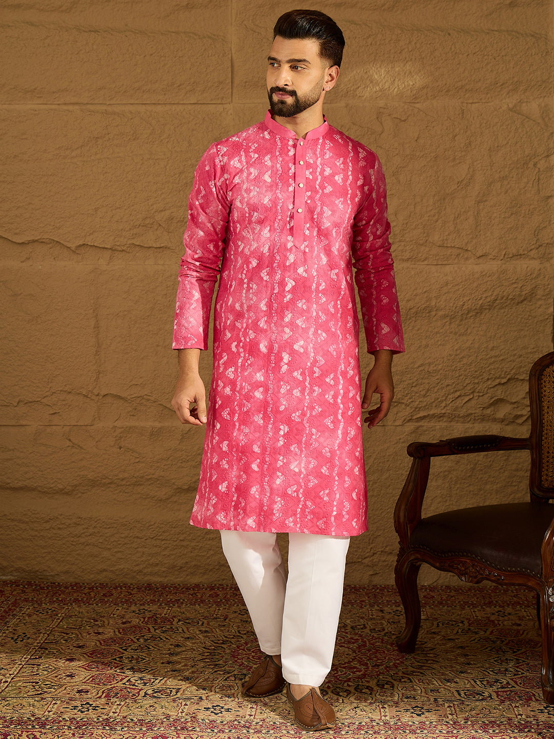 Men Pink Cotton Batik Embroidered Straight Kurta-MKU1678