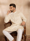 Men White Silk Blend Solid Embroidered Straight Kurta-MKU1680