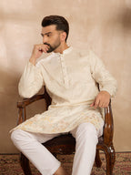 Men White Silk Blend Solid Embroidered Straight Kurta-MKU1680