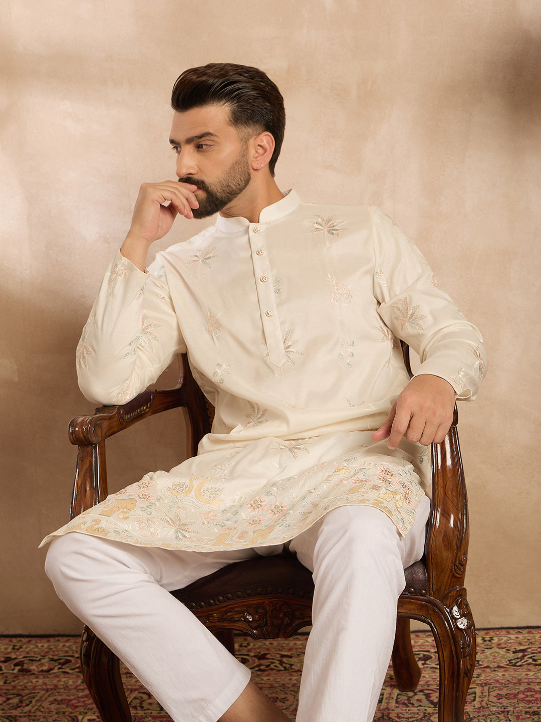 Men White Silk Blend Solid Embroidered Straight Kurta-MKU1680