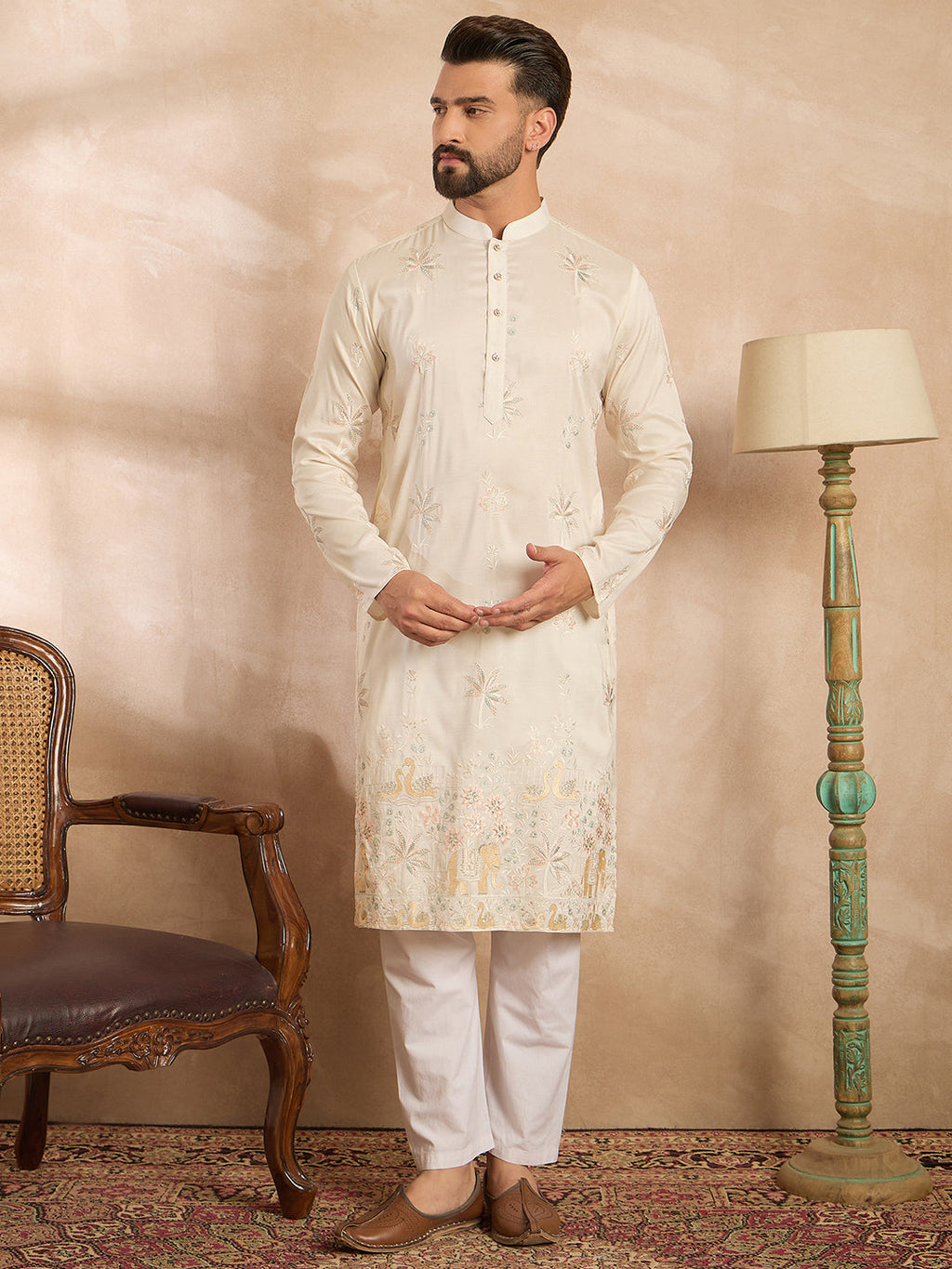 Men White Silk Blend Solid Embroidered Straight Kurta-MKU1680