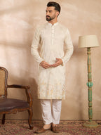 Men White Silk Blend Solid Embroidered Straight Kurta-MKU1680