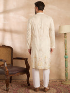 Men White Silk Blend Solid Embroidered Straight Kurta-MKU1680