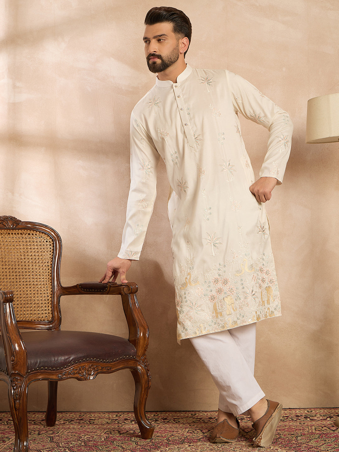 Men White Silk Blend Solid Embroidered Straight Kurta-MKU1680