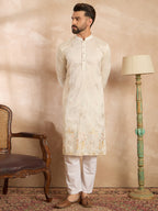 Men White Silk Blend Solid Embroidered Straight Kurta-MKU1680