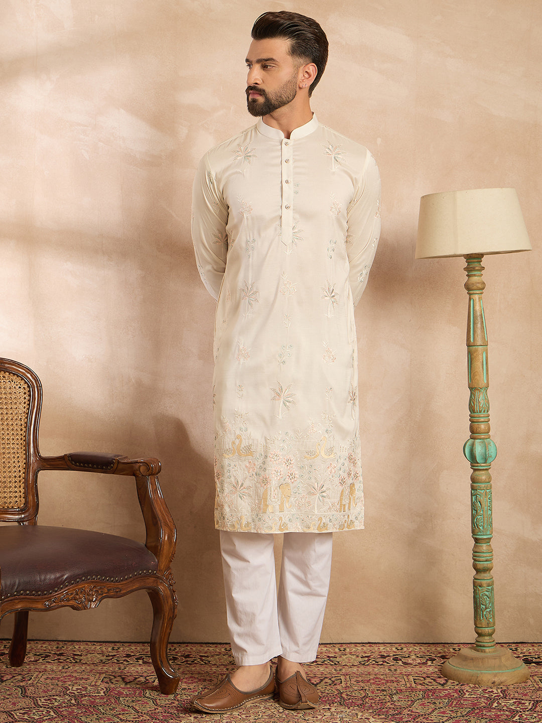 Men White Silk Blend Solid Embroidered Straight Kurta-MKU1680