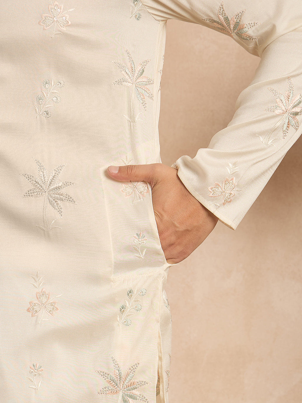 Men White Silk Blend Solid Embroidered Straight Kurta-MKU1680