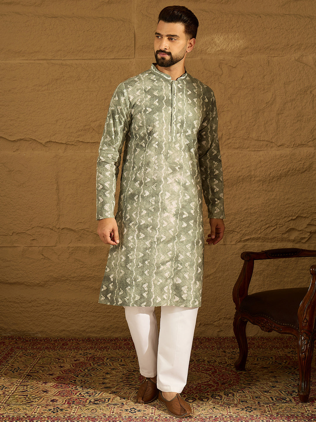 Men Sea Green Cotton Batik Embroidered Straight Kurta-MKU1681