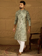 Men Sea Green Cotton Batik Embroidered Straight Kurta-MKU1681