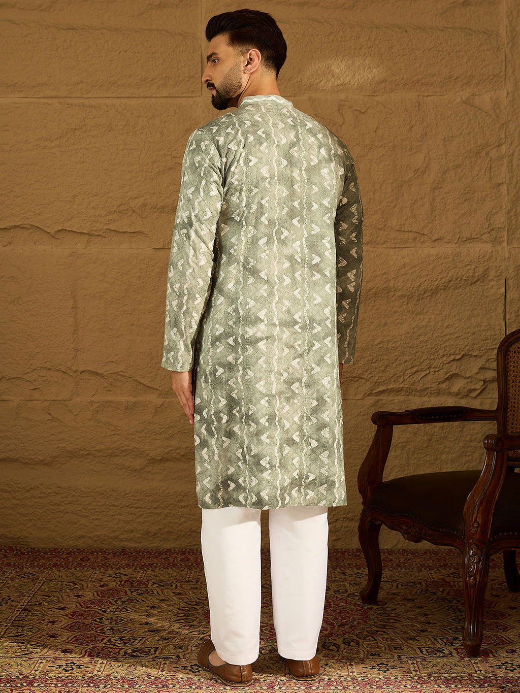 Men Sea Green Cotton Batik Embroidered Straight Kurta-MKU1681