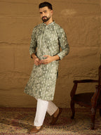 Men Sea Green Cotton Batik Embroidered Straight Kurta-MKU1681