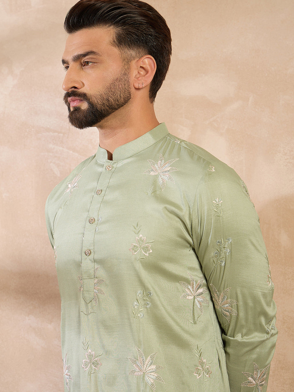 Men Olive Silk Blend Solid Embroidered Straight Kurta-MKU1682