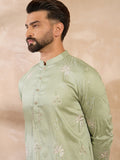 Men Olive Silk Blend Solid Embroidered Straight Kurta-MKU1682