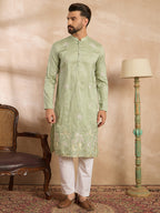 Men Olive Silk Blend Solid Embroidered Straight Kurta-MKU1682