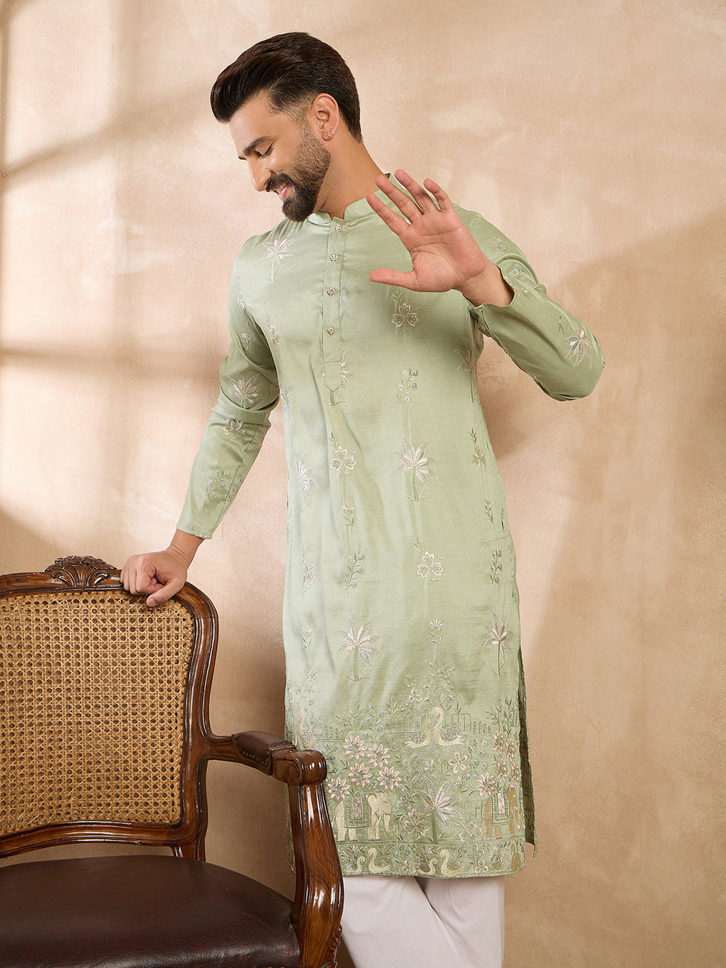 Men Olive Silk Blend Solid Embroidered Straight Kurta-MKU1682