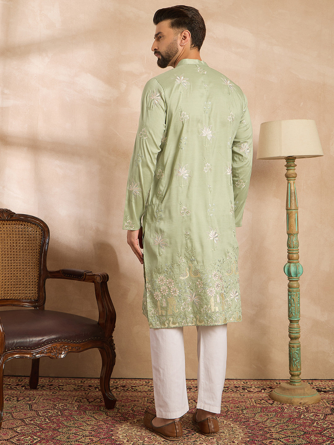 Men Olive Silk Blend Solid Embroidered Straight Kurta-MKU1682