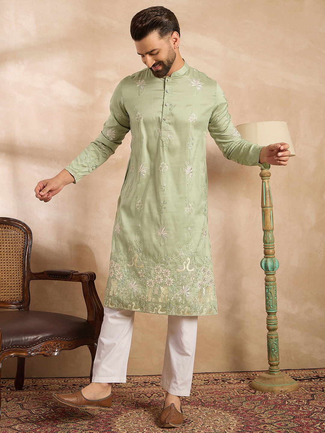 Men Olive Silk Blend Solid Embroidered Straight Kurta-MKU1682