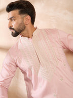 Men Pink Silk Geometric Embroidered Straight Kurta-MKU1683