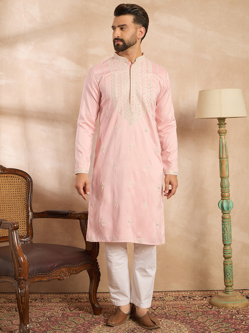 Men Pink Silk Geometric Embroidered Straight Kurta-MKU1683