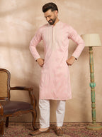 Men Pink Silk Geometric Embroidered Straight Kurta-MKU1683
