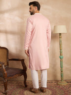 Men Pink Silk Geometric Embroidered Straight Kurta-MKU1683