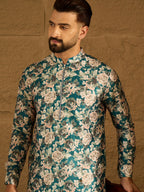 Men Blue Silk Blend Floral Printed Straight Kurta-MKU1684
