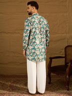 Men Blue Silk Blend Floral Printed Straight Kurta-MKU1684