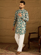 Men Blue Silk Blend Floral Printed Straight Kurta-MKU1684
