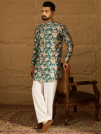Men Blue Silk Blend Floral Printed Straight Kurta-MKU1684