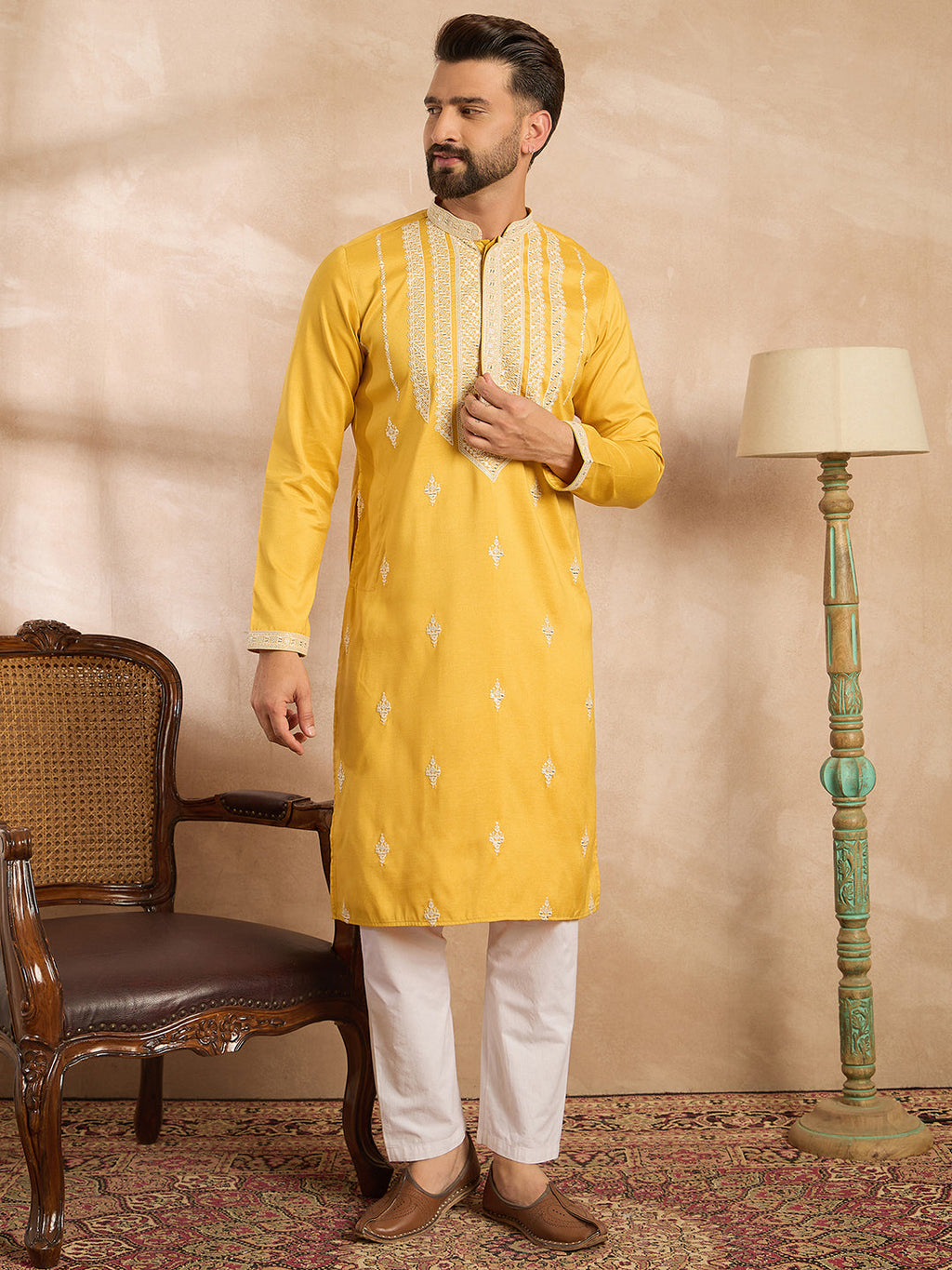 Men Yellow Silk Blend Geometric Embroidered Straight Kurta-MKU1685