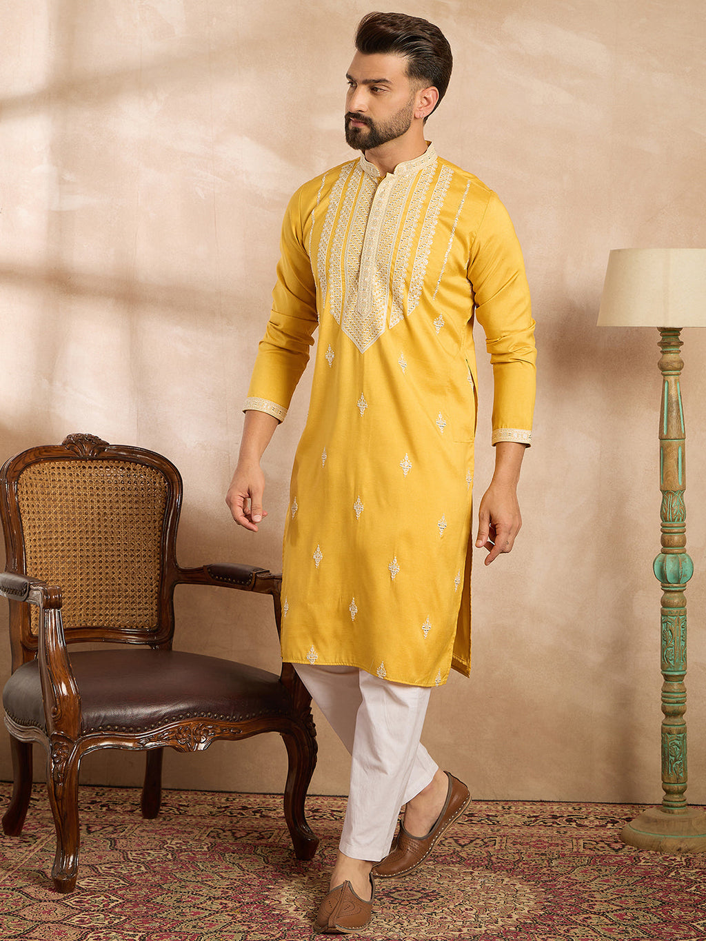 Men Yellow Silk Blend Geometric Embroidered Straight Kurta-MKU1685