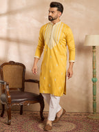Men Yellow Silk Blend Geometric Embroidered Straight Kurta-MKU1685
