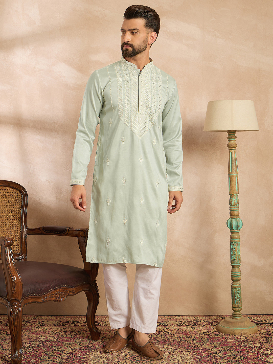 Men Green Silk Blend Geometric Embroidered Straight Kurta-MKU1686