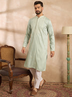 Men Green Silk Blend Geometric Embroidered Straight Kurta-MKU1686