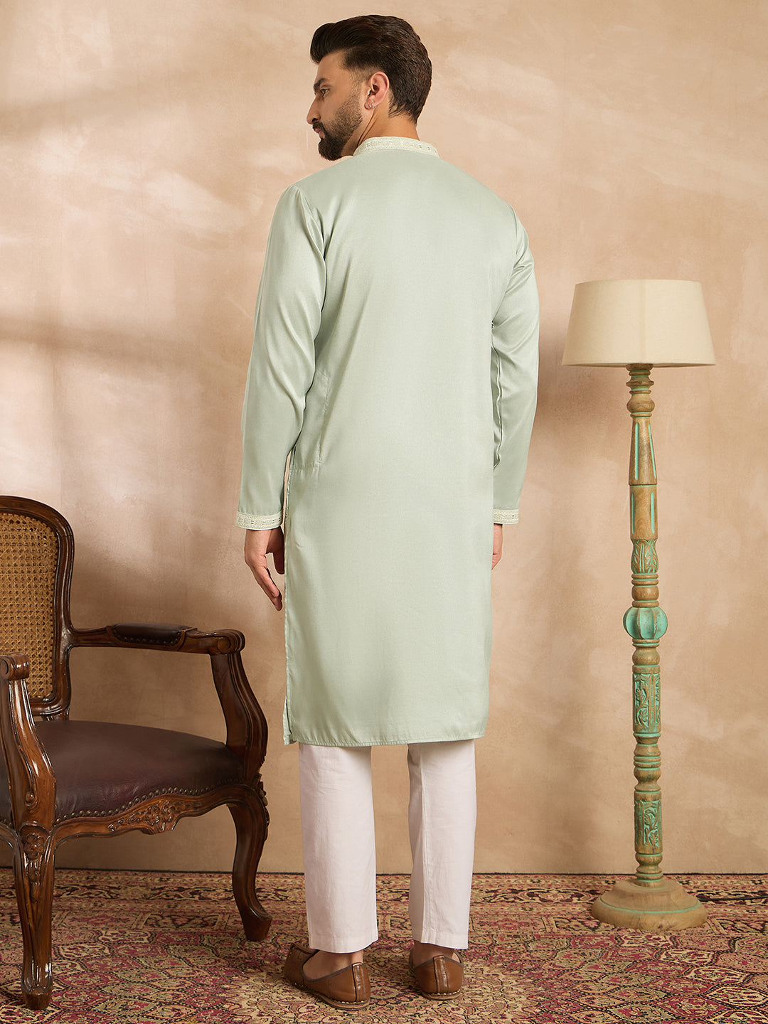 Men Green Silk Blend Geometric Embroidered Straight Kurta-MKU1686