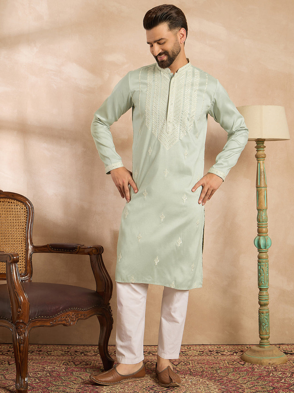 Men Green Silk Blend Geometric Embroidered Straight Kurta-MKU1686