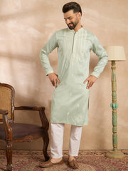 Men Green Silk Blend Geometric Embroidered Straight Kurta-MKU1686