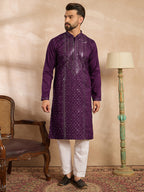 Men Purple Silk Blend Geometric Embroidered Straight Kurta-MKU1687