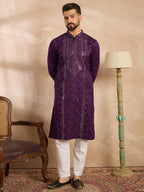Men Purple Silk Blend Geometric Embroidered Straight Kurta-MKU1687