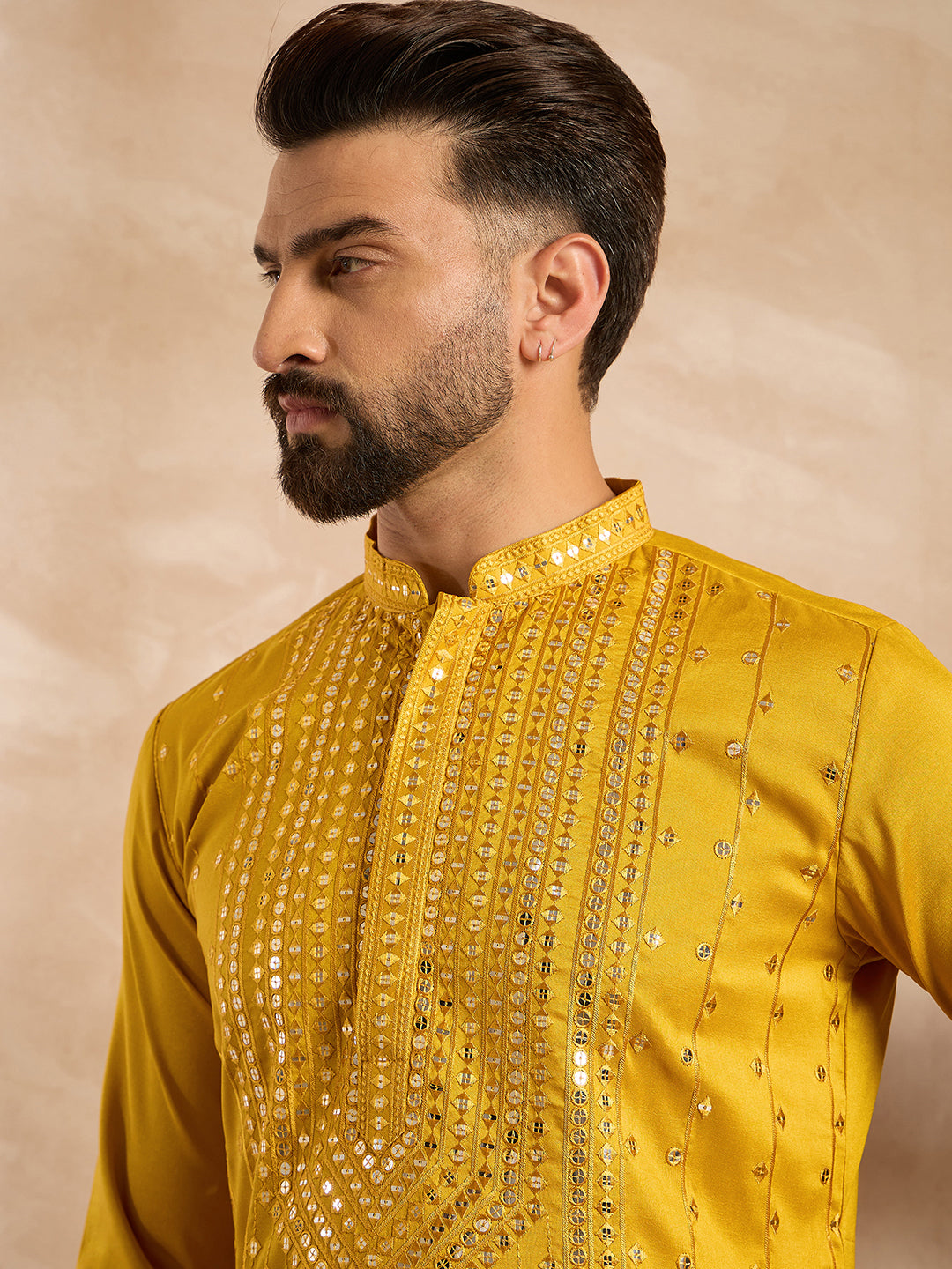 Men Yellow Silk Blend Geometric Embroidered Straight Kurta-MKU1688
