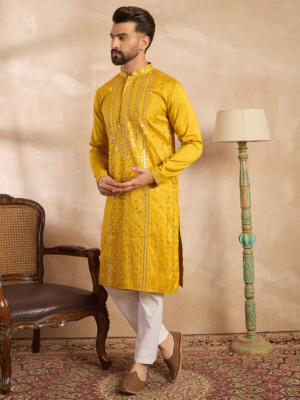 Men Yellow Silk Blend Geometric Embroidered Straight Kurta-MKU1688